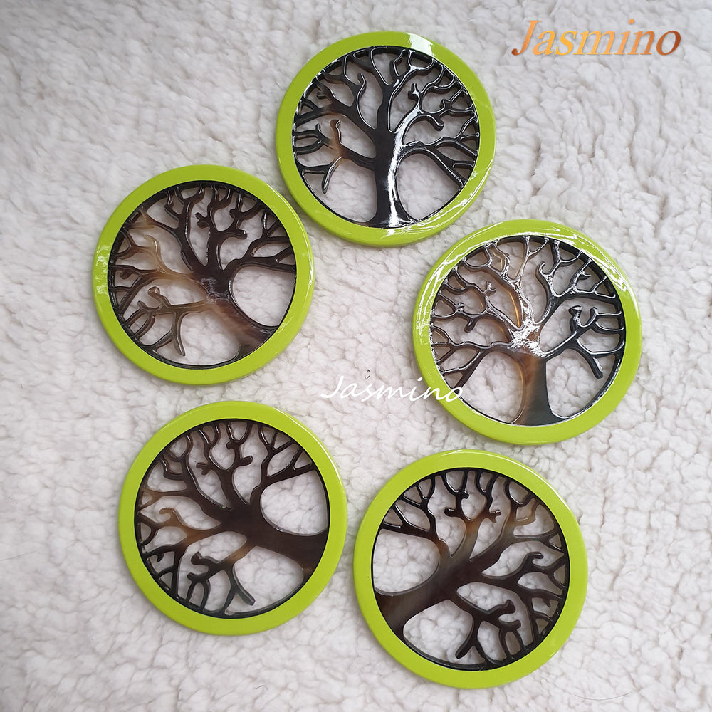 
                  
                    Five circular pendants are designed with lime outline, inside with a tree pattern made of unique natural buffalo horn on a light background, impressive gift for her
                  
                
