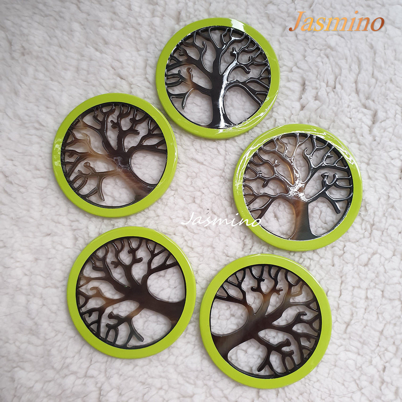 Five circular pendants are designed with lime outline, inside with a tree pattern made of unique natural buffalo horn on a light background, impressive gift for her