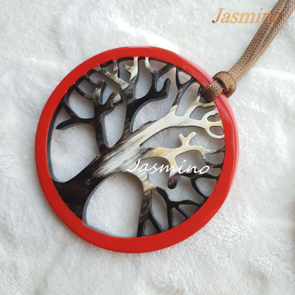 
                  
                    circular pendant is designed with flame scarlet outline, inside with a tree pattern made of unique natural buffalo horn on a light background, impressive Christmas gift for her 
                  
                