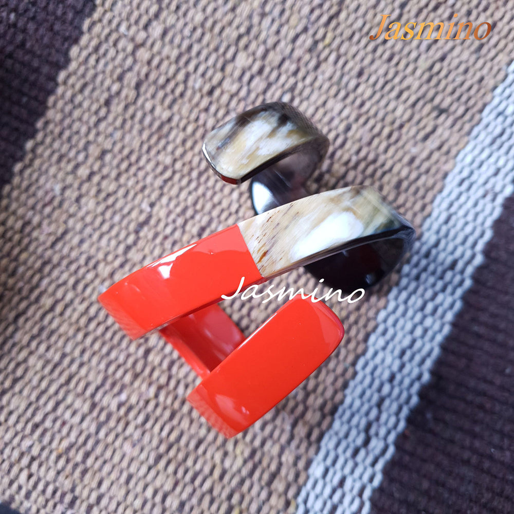 
                  
                    Jasmino unique handmade Minimalist Vintage N shaped orange-red cuff bracelet in natural buffalo horn for women's gifts
                  
                