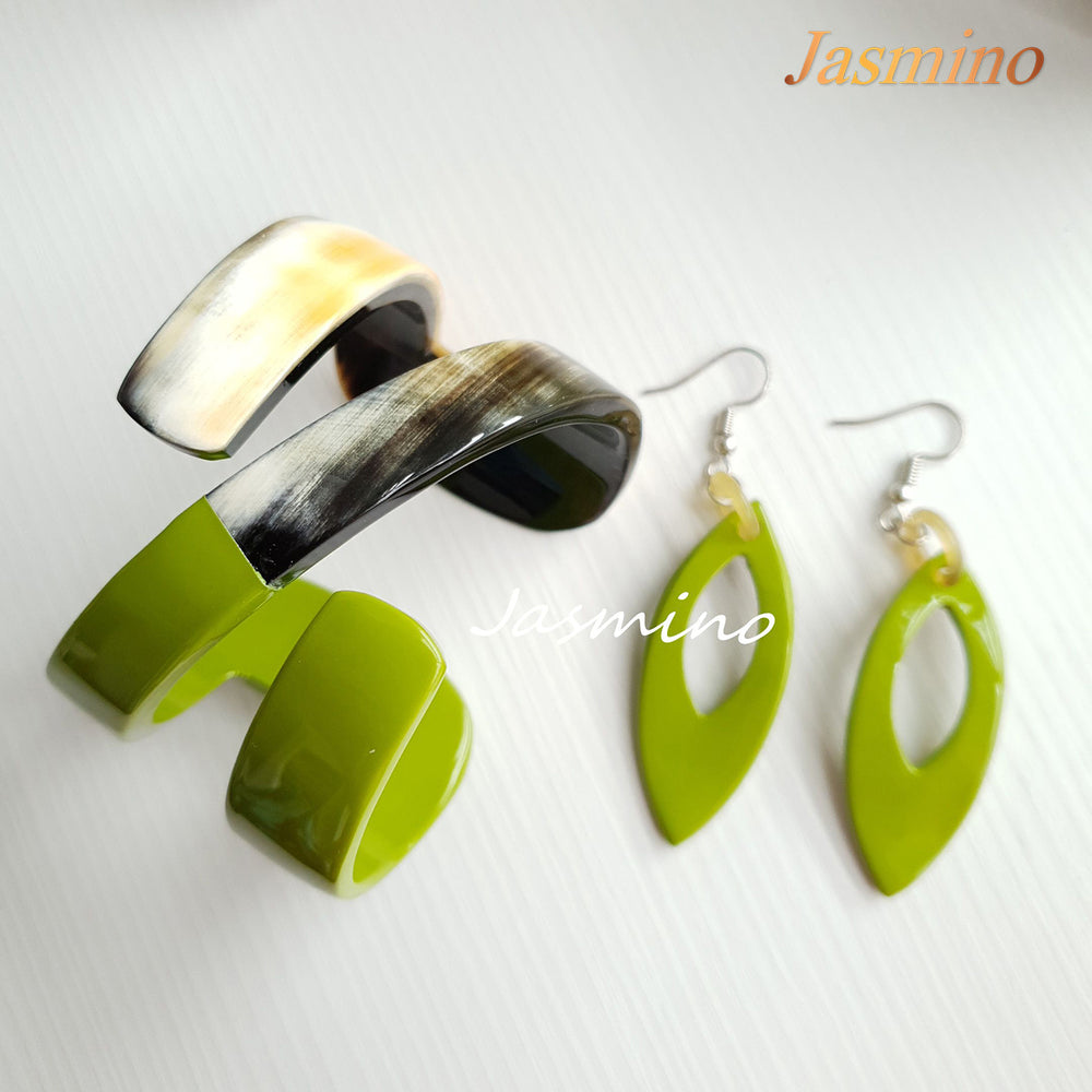 
                  
                    A set of Jasmino unique handmade N-shaped lime green cuff bracelet and leaf dangle earrings for women's gifts
                  
                