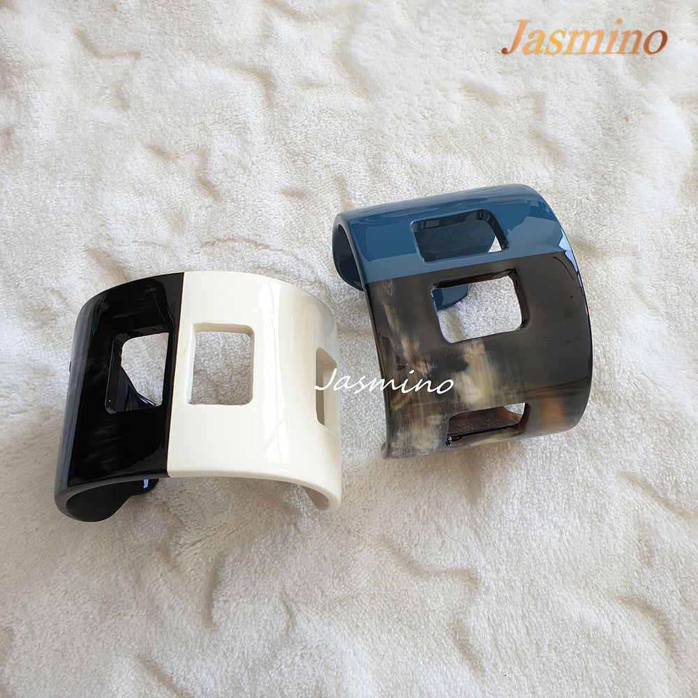 
                  
                    two Jasmino unique handmade Minimalist Vintage cuff bracelets in natural buffalo horn for women's gifts
                  
                
