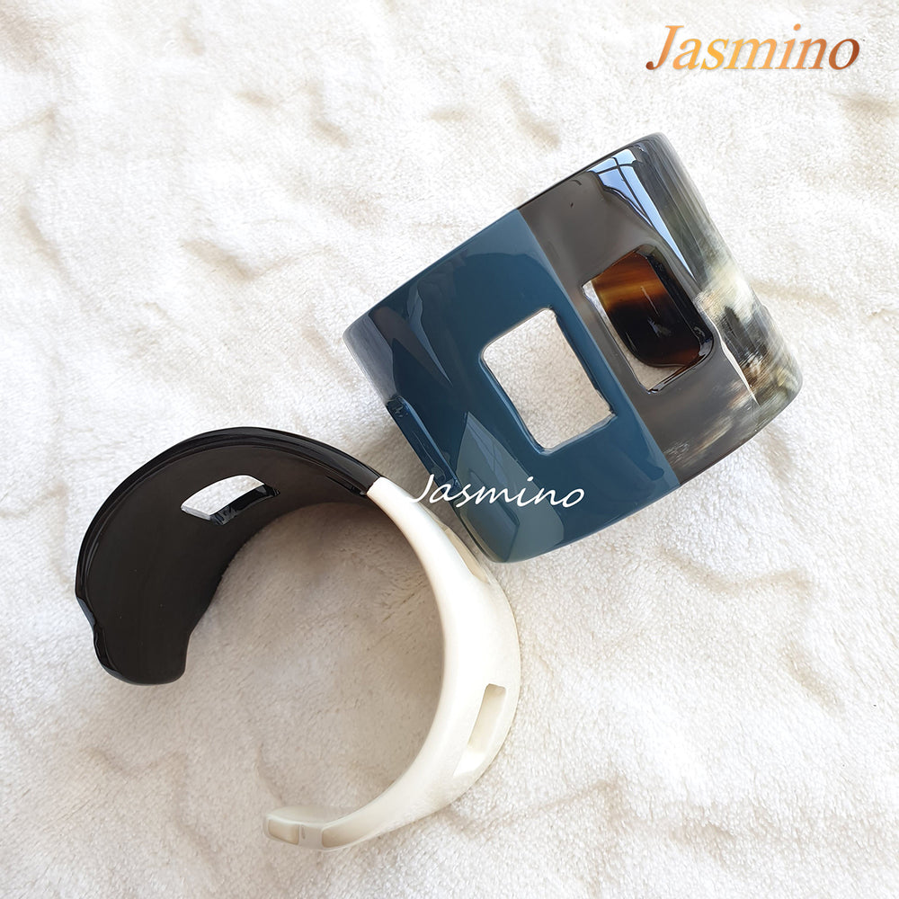 
                  
                    two Jasmino unique handmade Minimalist Vintage cuff bracelets in natural buffalo horn for women's gifts
                  
                