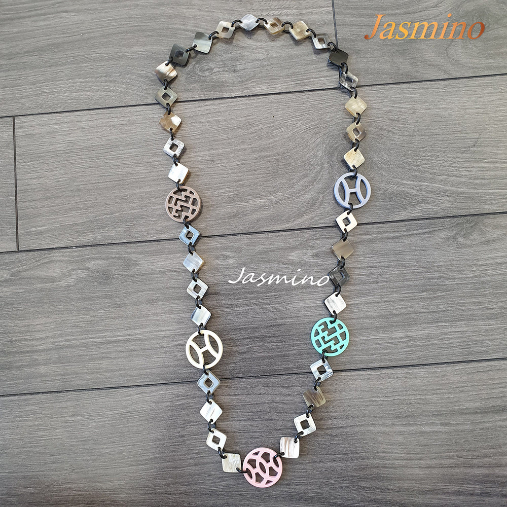 
                  
                    unique handmade Bohemian chain link diamond shaped chain link necklace jewelry in natural buffalo horn
                  
                