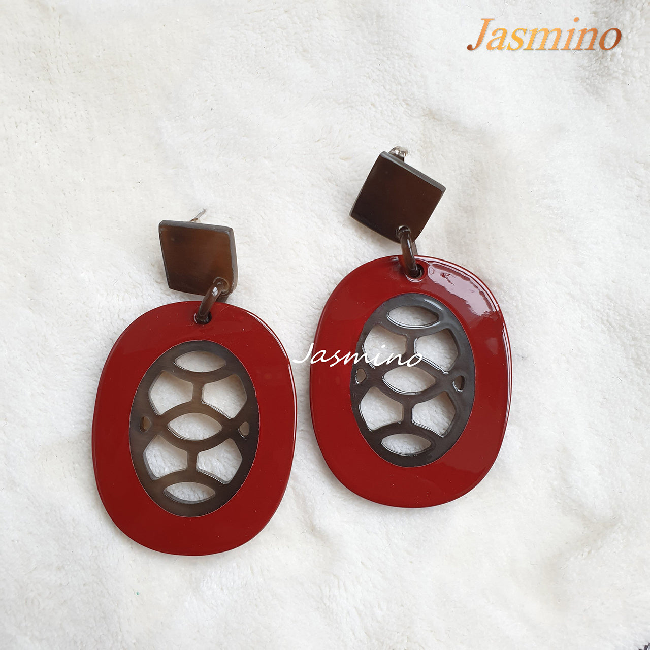 Jasmino Unique Aesthetic Oval Stained Glass Window Drop Earrings Made By Natural Buffalo Horn Featured Red Women Gift