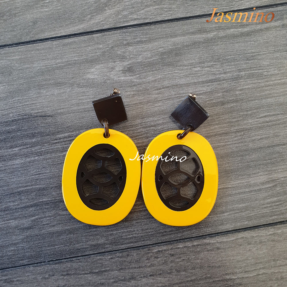 
                  
                    Jasmino Unique Aesthetic Oval Stained Glass Window Drop Earrings Made By Natural Buffalo Horn Featured Yellow Women Gift
                  
                
