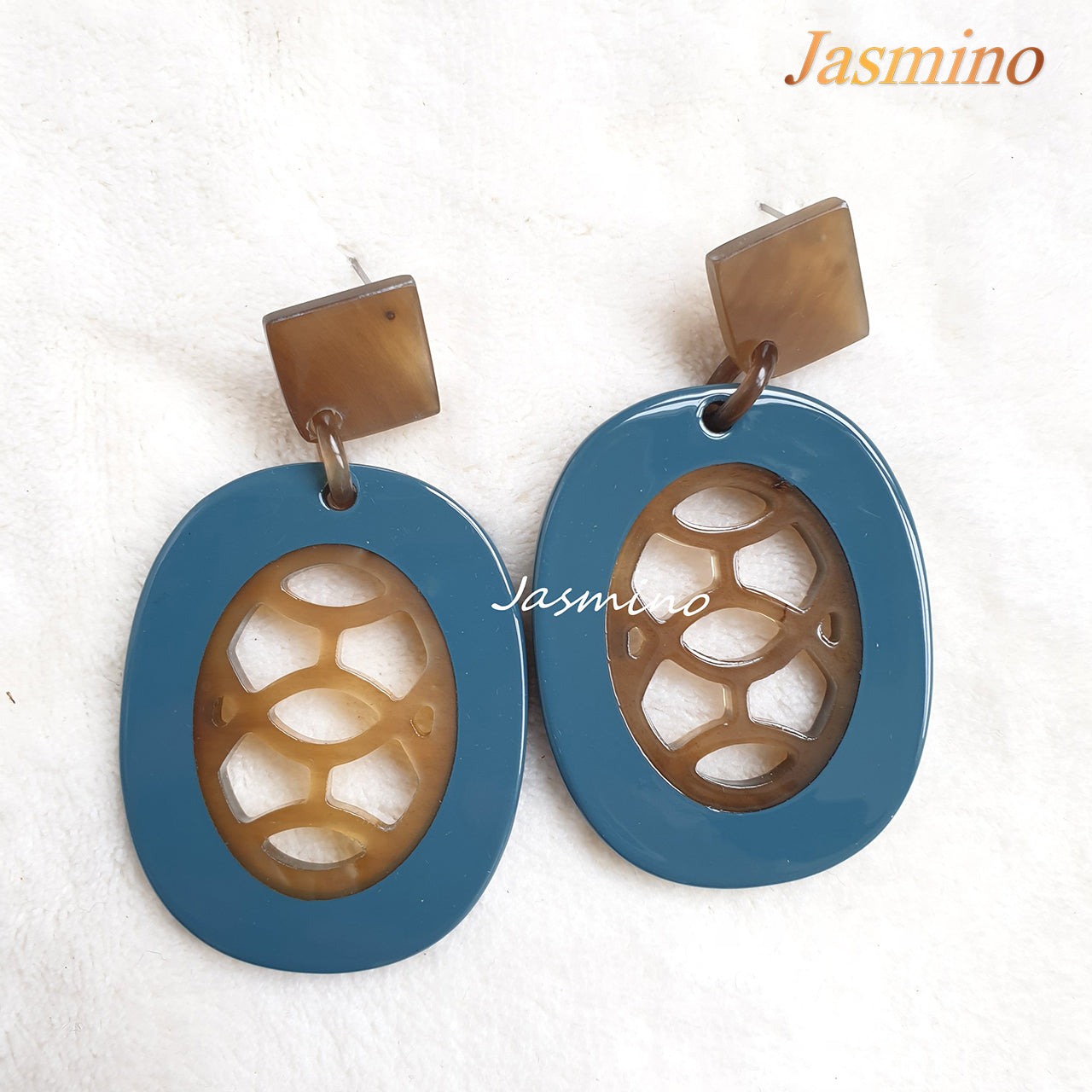Jasmino Unique Aesthetic Oval Stained Glass Window Drop Earrings Made By Natural Buffalo Horn Featured Blue Women Gift