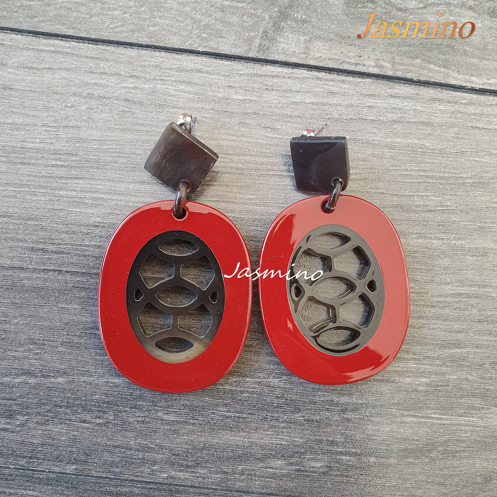 
                  
                    Jasmino Unique Aesthetic Oval Stained Glass Window Drop Earrings Made By Natural Buffalo Horn Featured Red Women Gift
                  
                