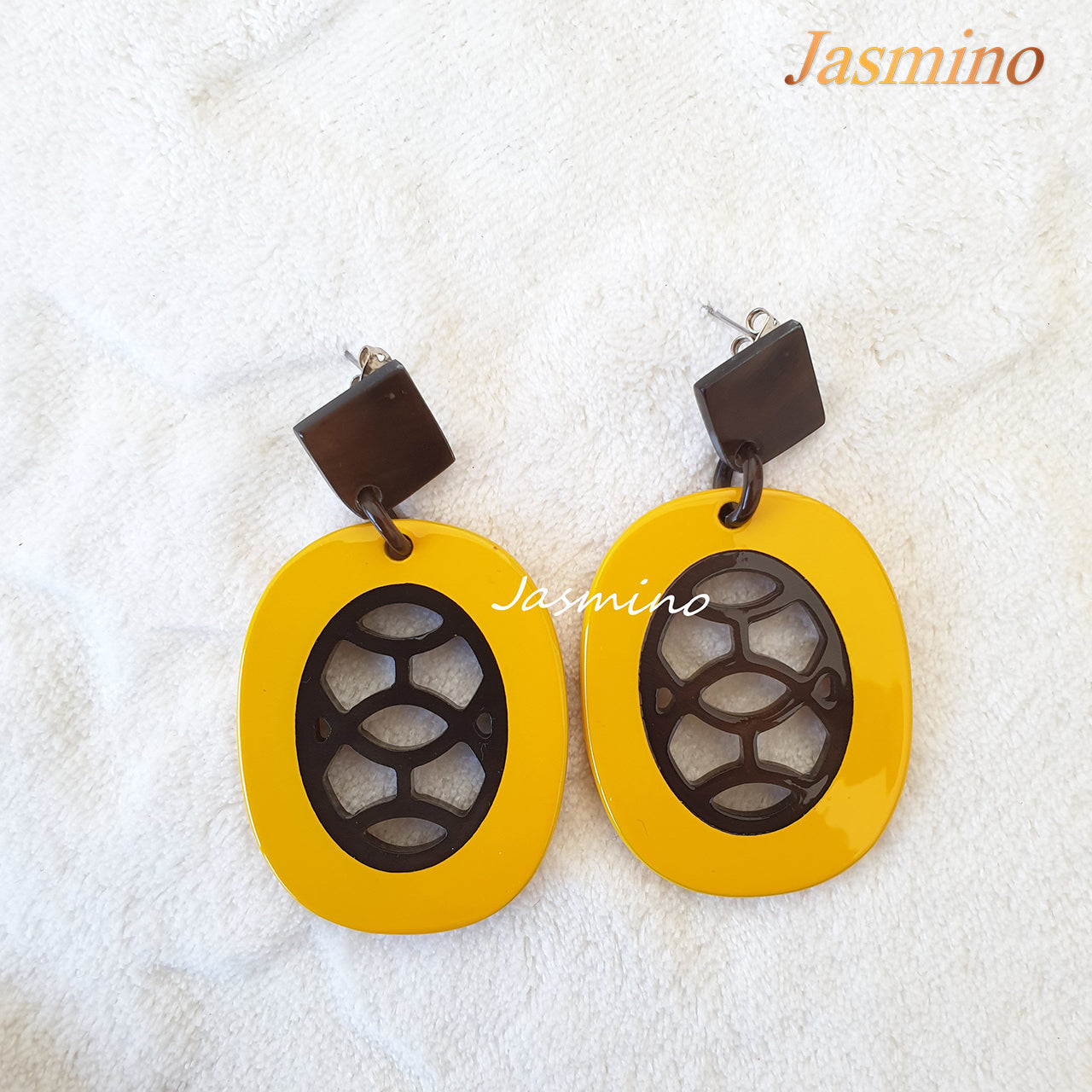 Jasmino Unique Aesthetic Oval Stained Glass Window Drop Earrings Made By Natural Buffalo Horn Featured Yellow Women Gift
