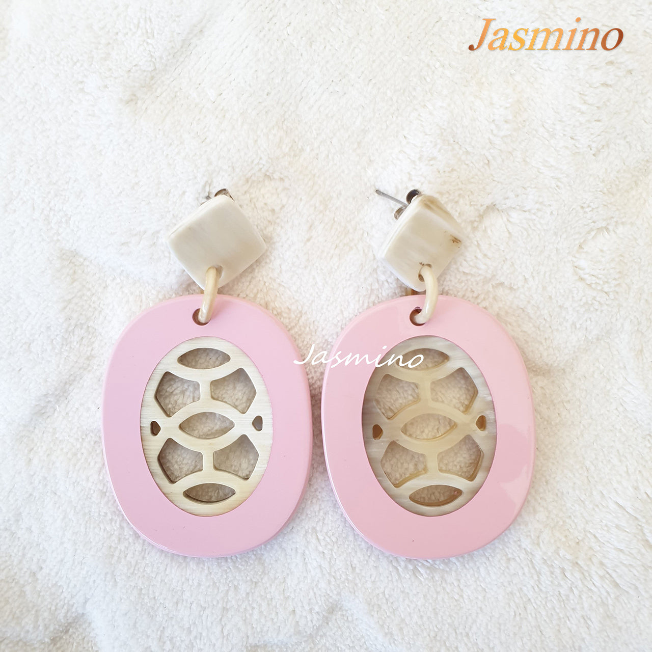 Jasmino Unique Aesthetic Oval Stained Glass Window Drop Earrings Made By Natural Buffalo Horn Featured Pink Women Gift