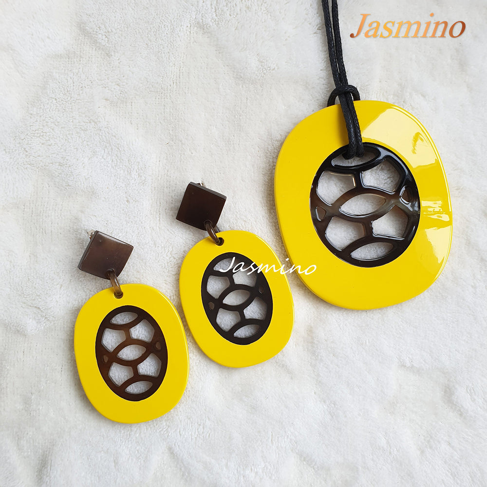 
                  
                    Jasmino Unique Aesthetic Oval Stained Glass Window Drop Earrings Made By Natural Buffalo Horn Featured Yellow Women Gift
                  
                