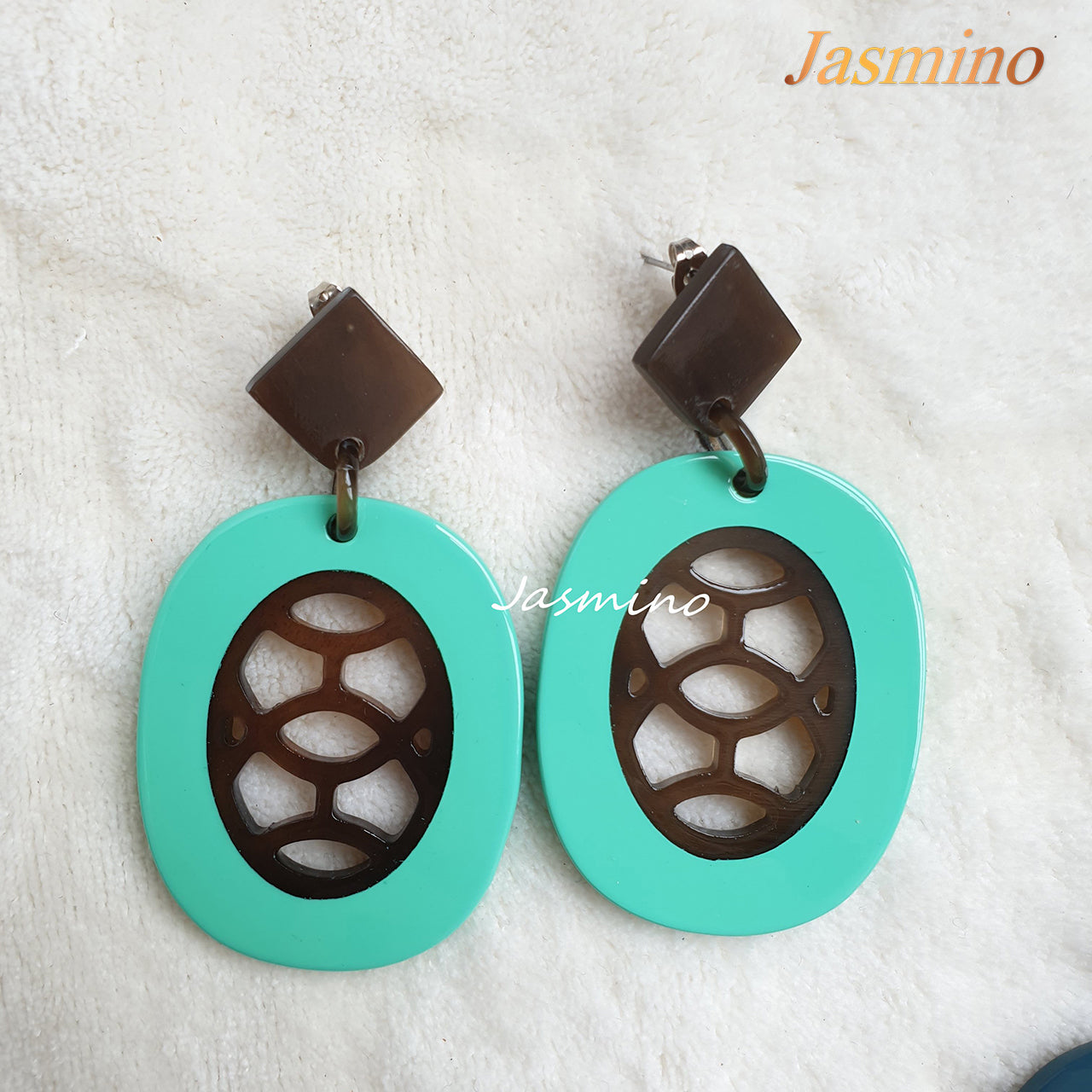 Jasmino Unique Aesthetic Oval Stained Glass Window Drop Earrings Made By Natural Buffalo Horn Featured Turquoise Women Gift