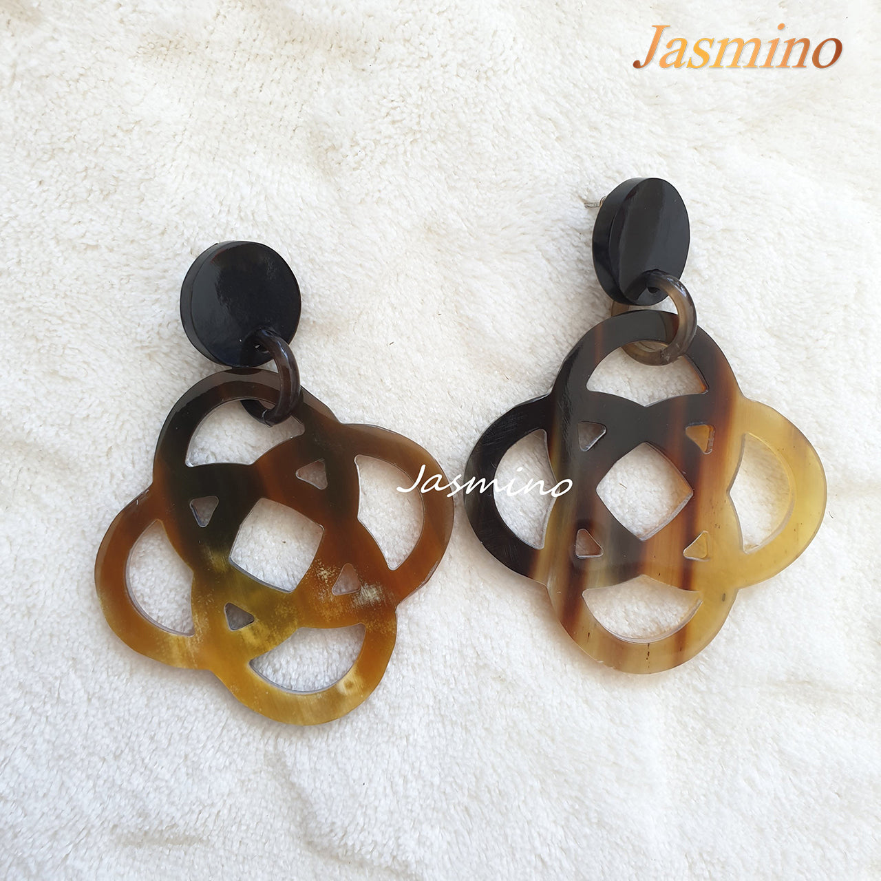 Jasmino unique handmade flower earrings feature brown made of natural buffalo horn