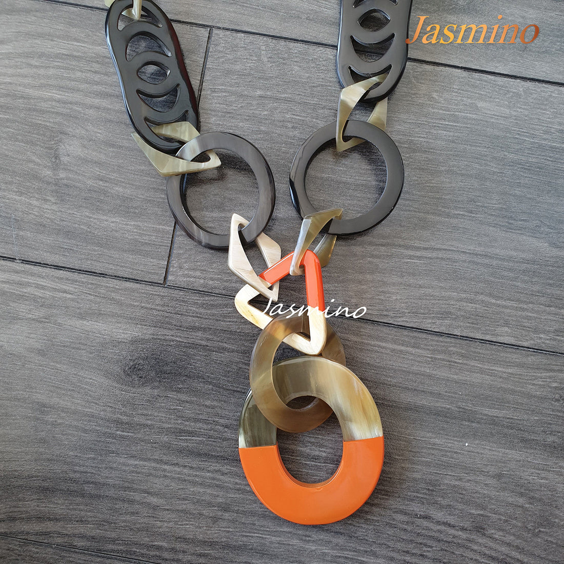 The necklace has large pieces with half natural horn and half orange peel lacquer, unique gift for her