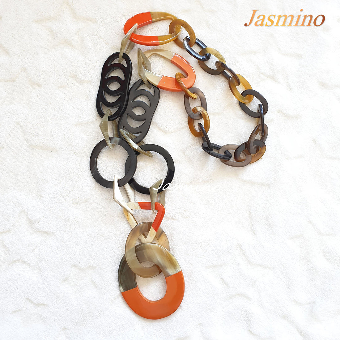 The necklace has large pieces with half natural horn and half orange peel lacquer, unique gift for her