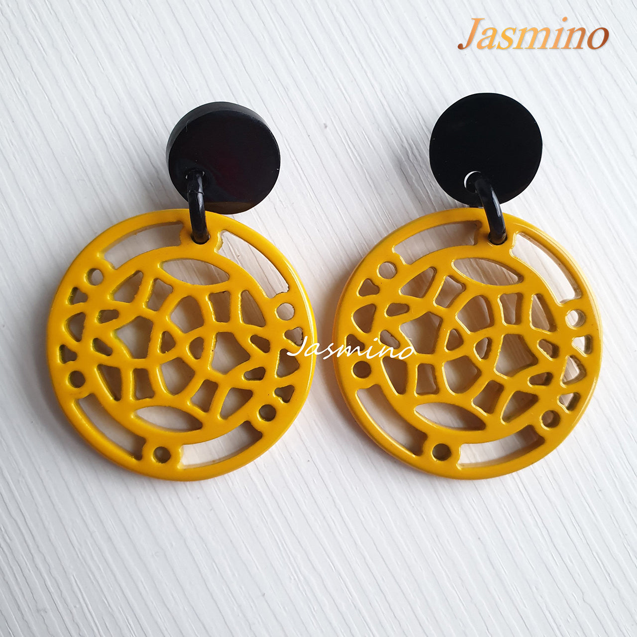 Unique handmade Asian circle drop earrings feature saffron and lacquered