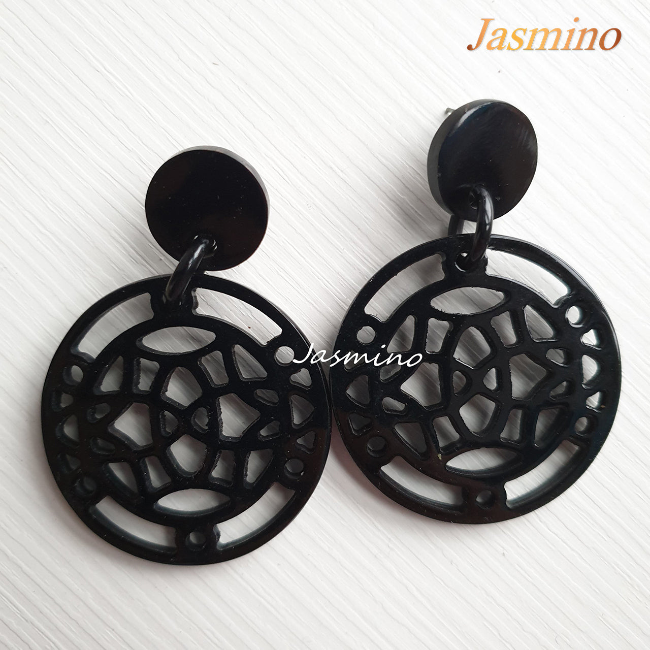 Unique handmade Asian circle drop earrings feature black and lacquered 