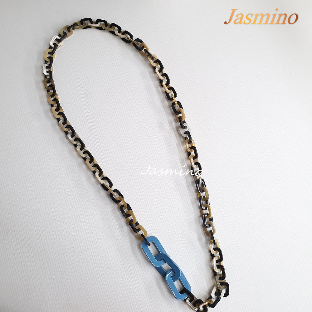 
                  
                    The necklace is made from natural buffalo horn pieces with three big horn pieces are painted blue, unique gift for your friend 
                  
                
