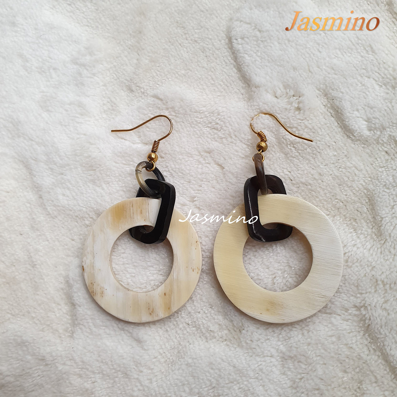 Jasmino Unique Handmade 18k Gold Plated Brass Circle Dangle Earrings Made By Natural Buffalo Horn Featured White