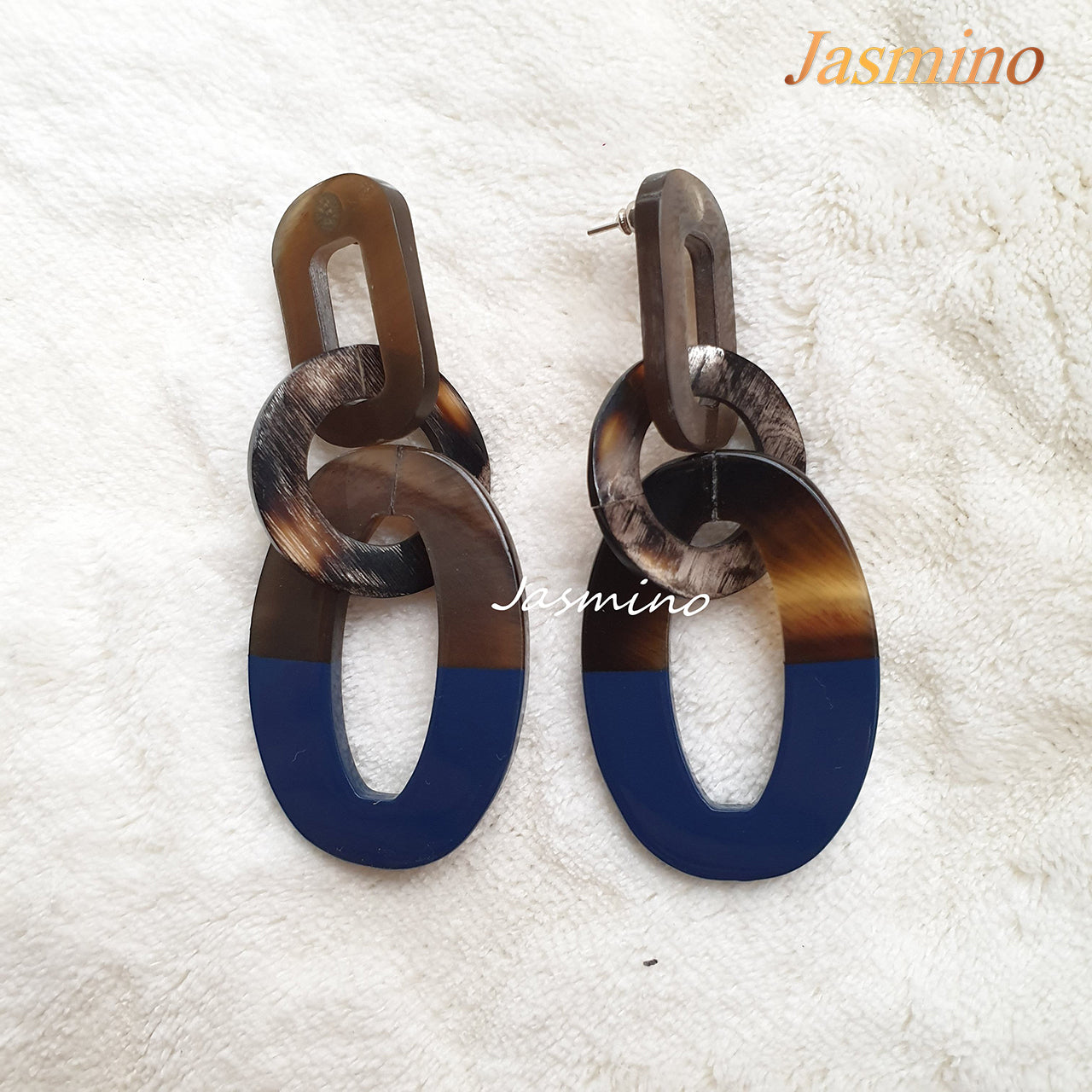 the earrings are designed with half natural horn and half classic blue lacquer, unique gift for her