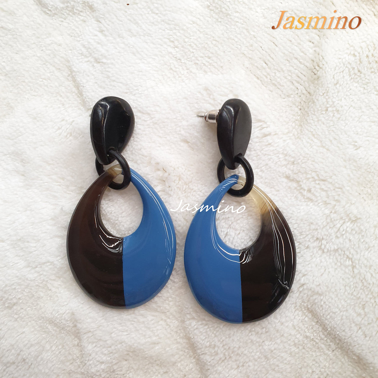 the unique handmade earrings are designed with half natural horn and half denim blue lacquer, unique gift for her