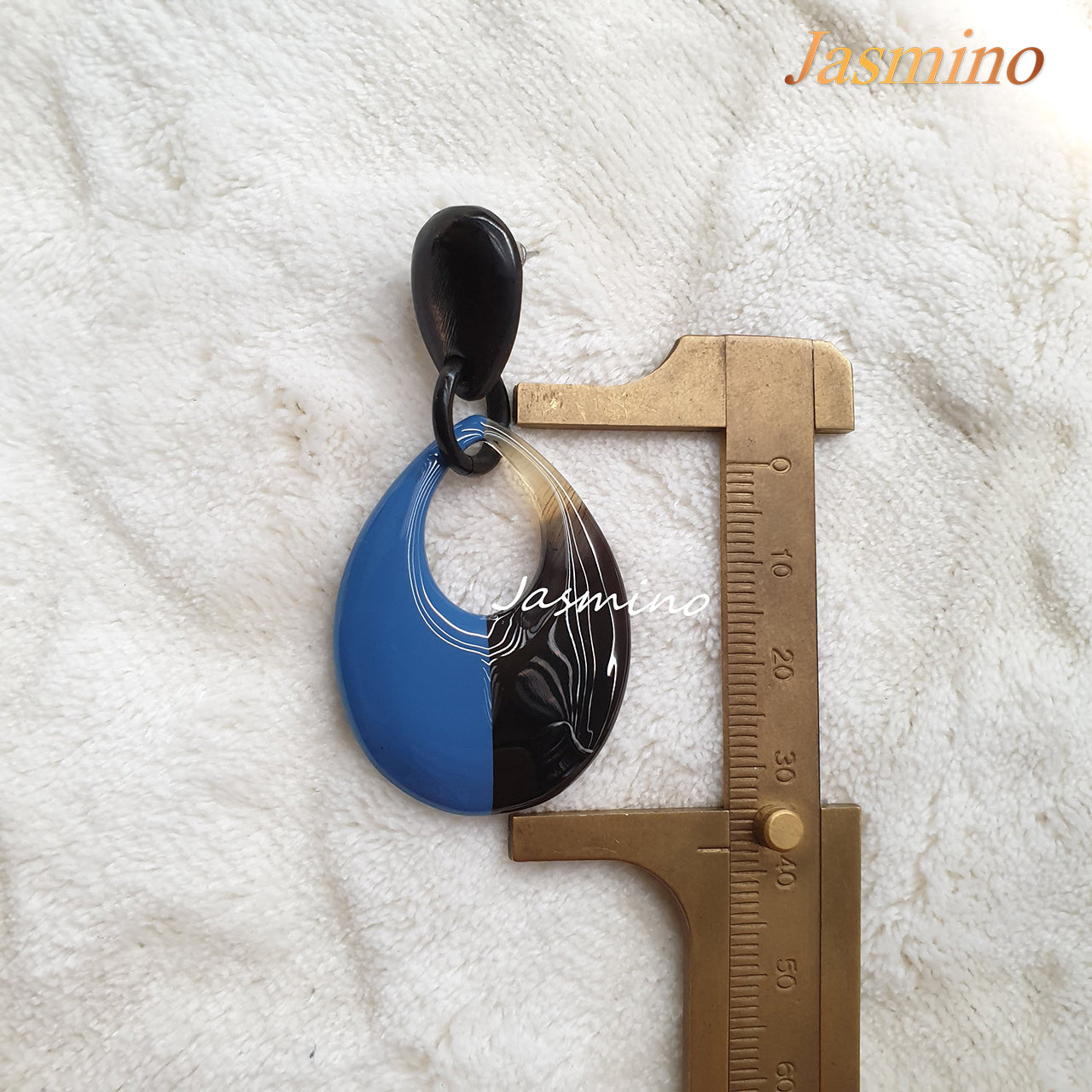 the unique handmade earrings are designed with half natural horn and half denim blue lacquer, unique gift for her