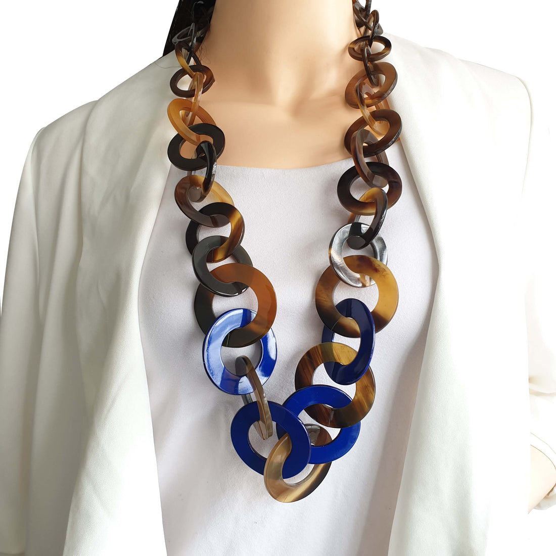 large blue chain necklace in natural buffalo horn