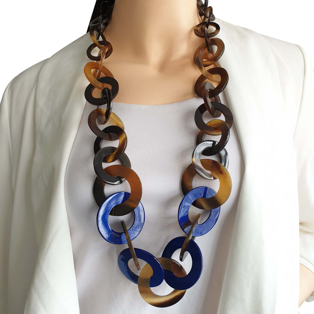 large blue chain necklace in natural buffalo horn