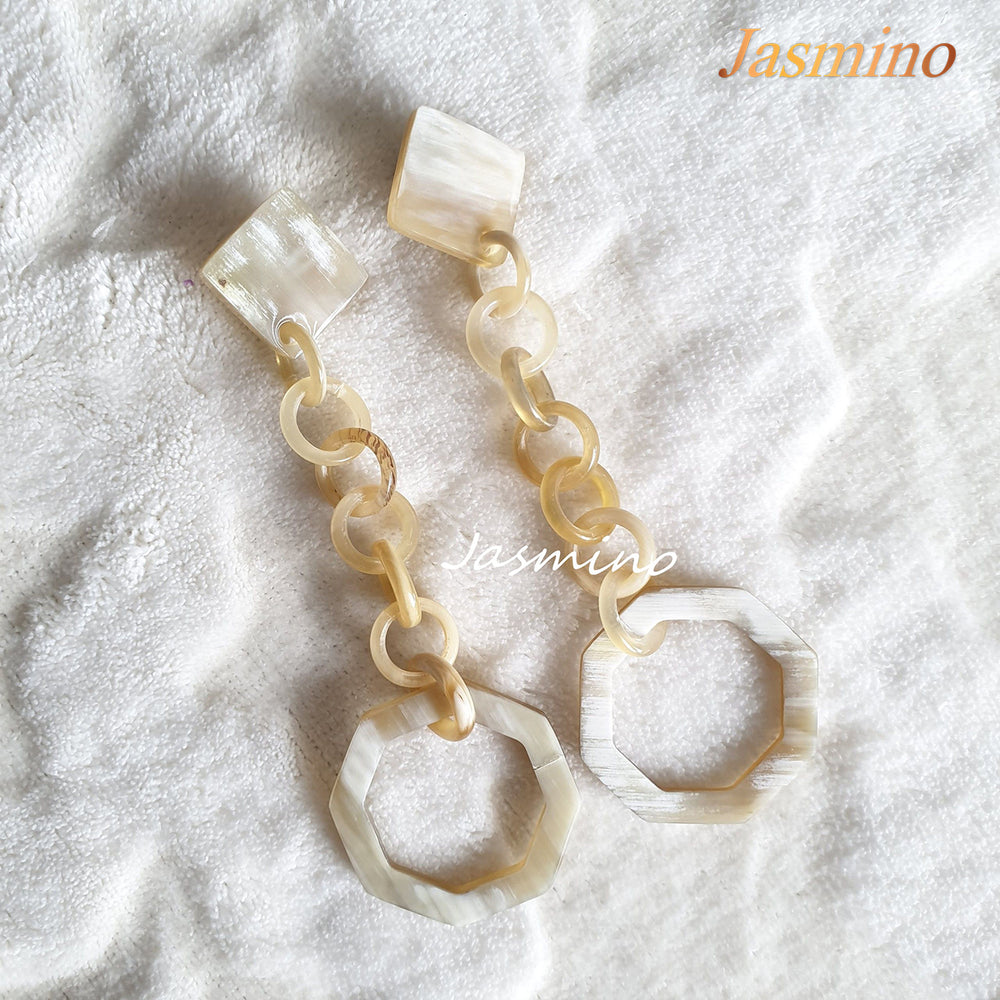 Handmade geometric link drop earrings feature white for Christmas gifts made by natural buffalo horn
