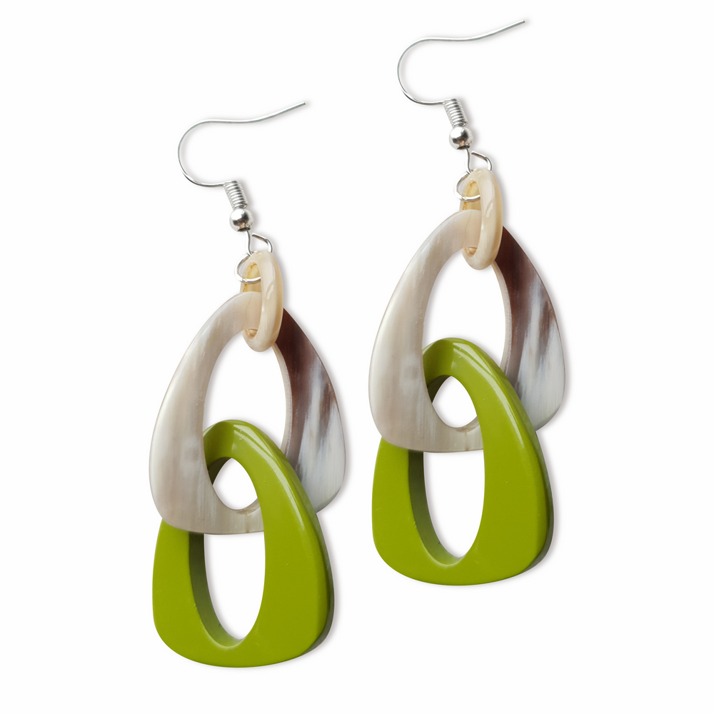 
                  
                    Handmade triangle dangle earrings are designed by a peer green and white color
                  
                