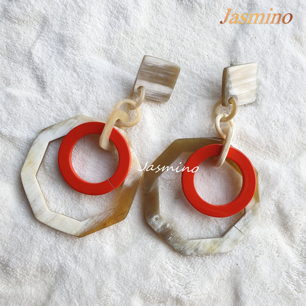 Jasmino geometric double circle earrings feature red orange and white made by natural buffalo horn 