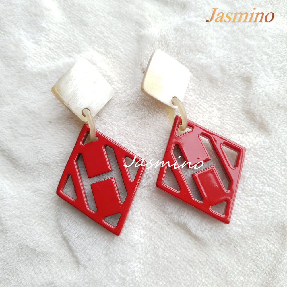 
                  
                    Jasmino Aesthetic Boho Festival Lozenge Square Drop Earrings Made By Natural Buffalo Horn Featured Red
                  
                