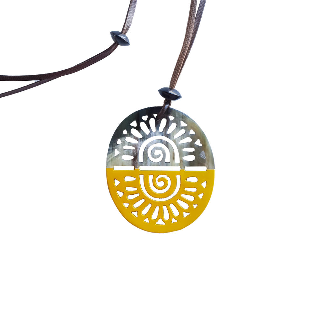 
                  
                    pendant is designed with half natural horn and half vibrant yellow lacquer, unique gift for her
                  
                