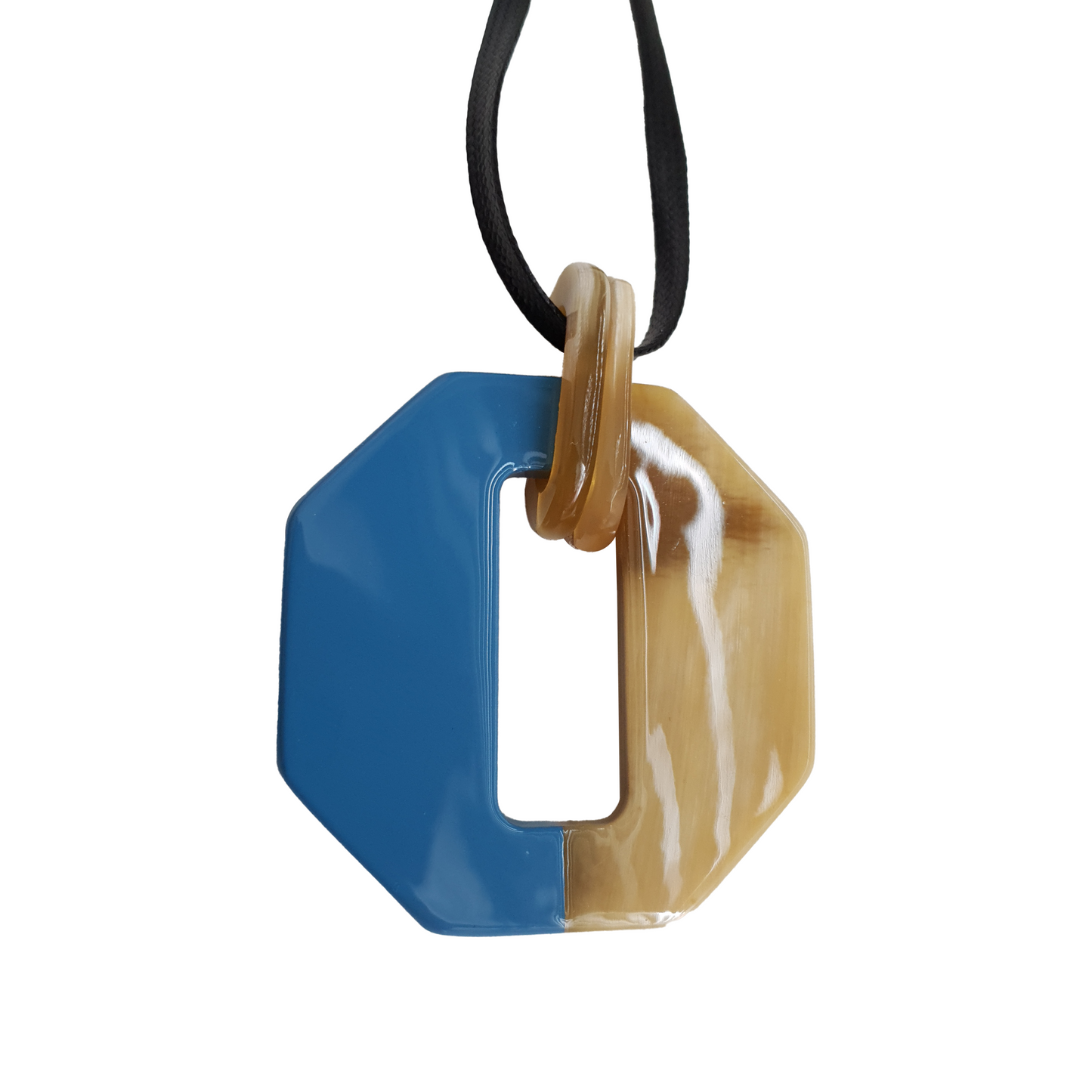The pendant is designed with half natural horn and half octagon blue lacquer, impressive gift for her