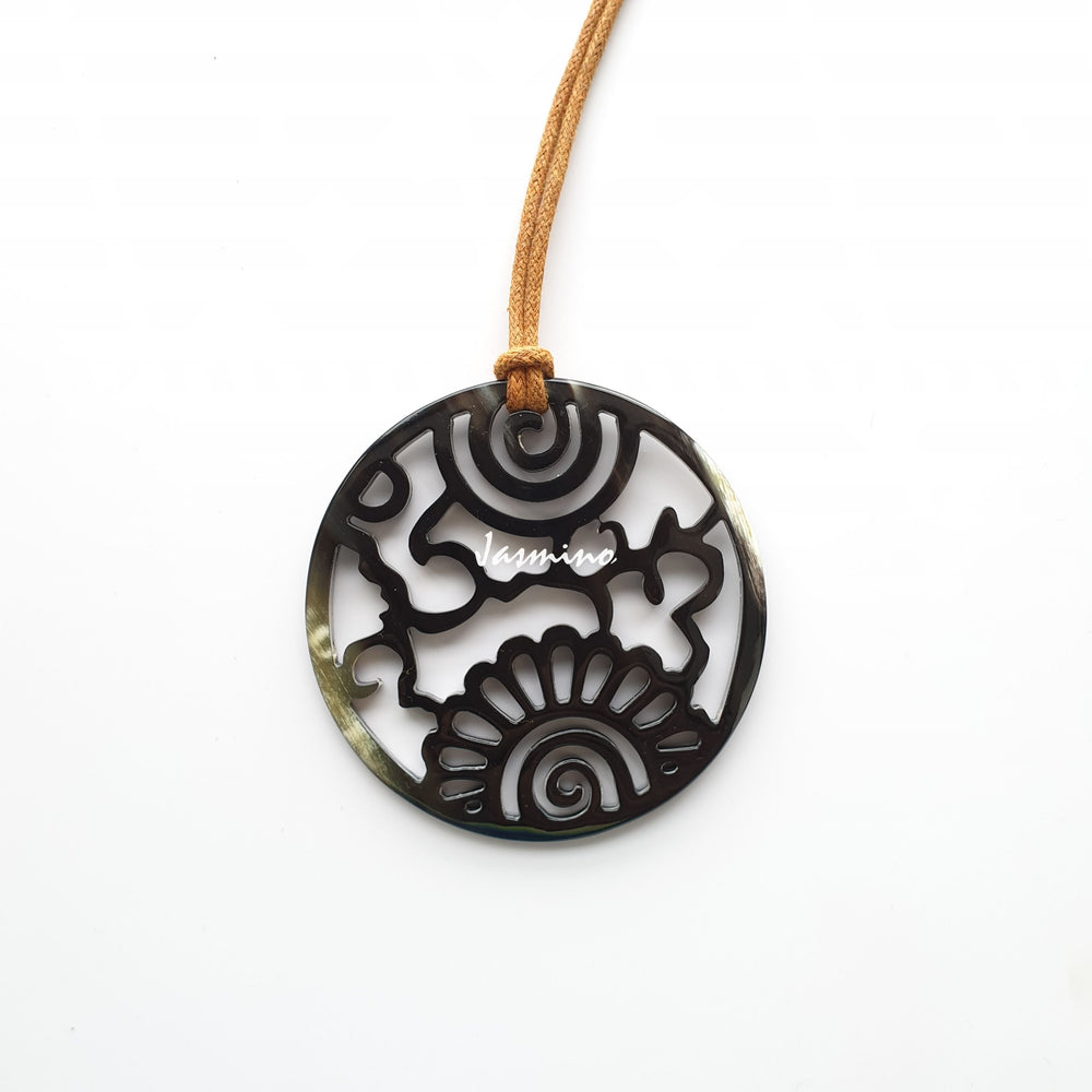 
                  
                    unique circular darker buffalo horn pendant on the light background- 8cm, impressive gift for her
                  
                