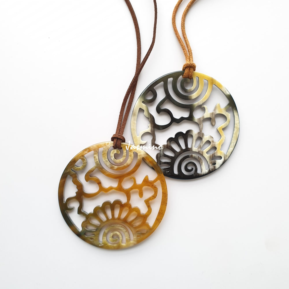 
                  
                    unique circular medium buffalo horn pendant on the light background- 8cm, impressive gift for her
                  
                