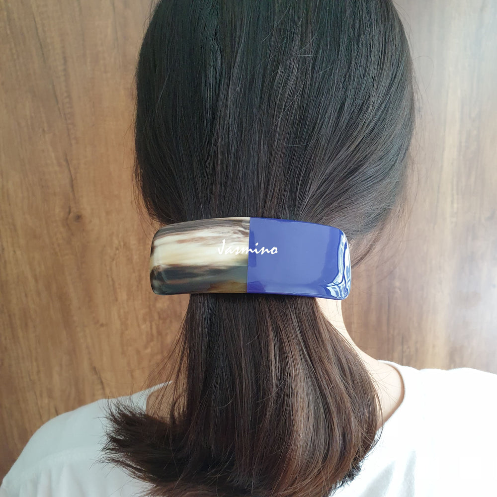 
                  
                    Jasmino unique handmade Vintage hair clip accessory featured half navy blue and white in natural buffalo horn for women's gifts
                  
                