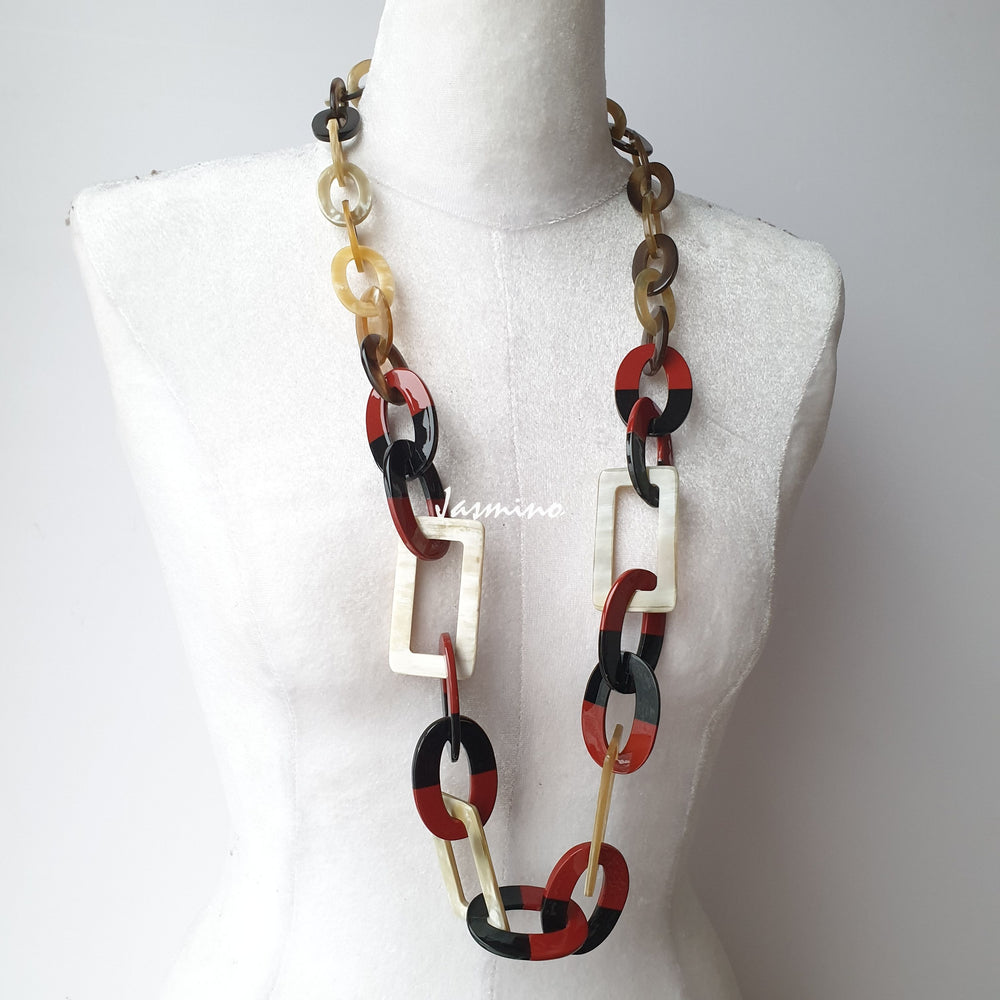 
                  
                    The necklace has pieces with half natural horn and half red dahlia lacquer, unique gift for her
                  
                