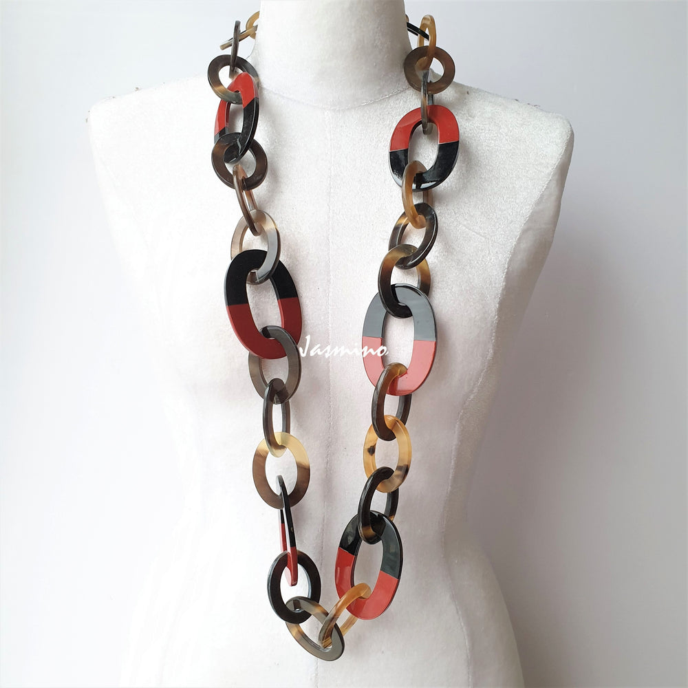 unique handmade Bohemian large chain link necklace accessory features brown and red in natural buffalo horn on Christmas 