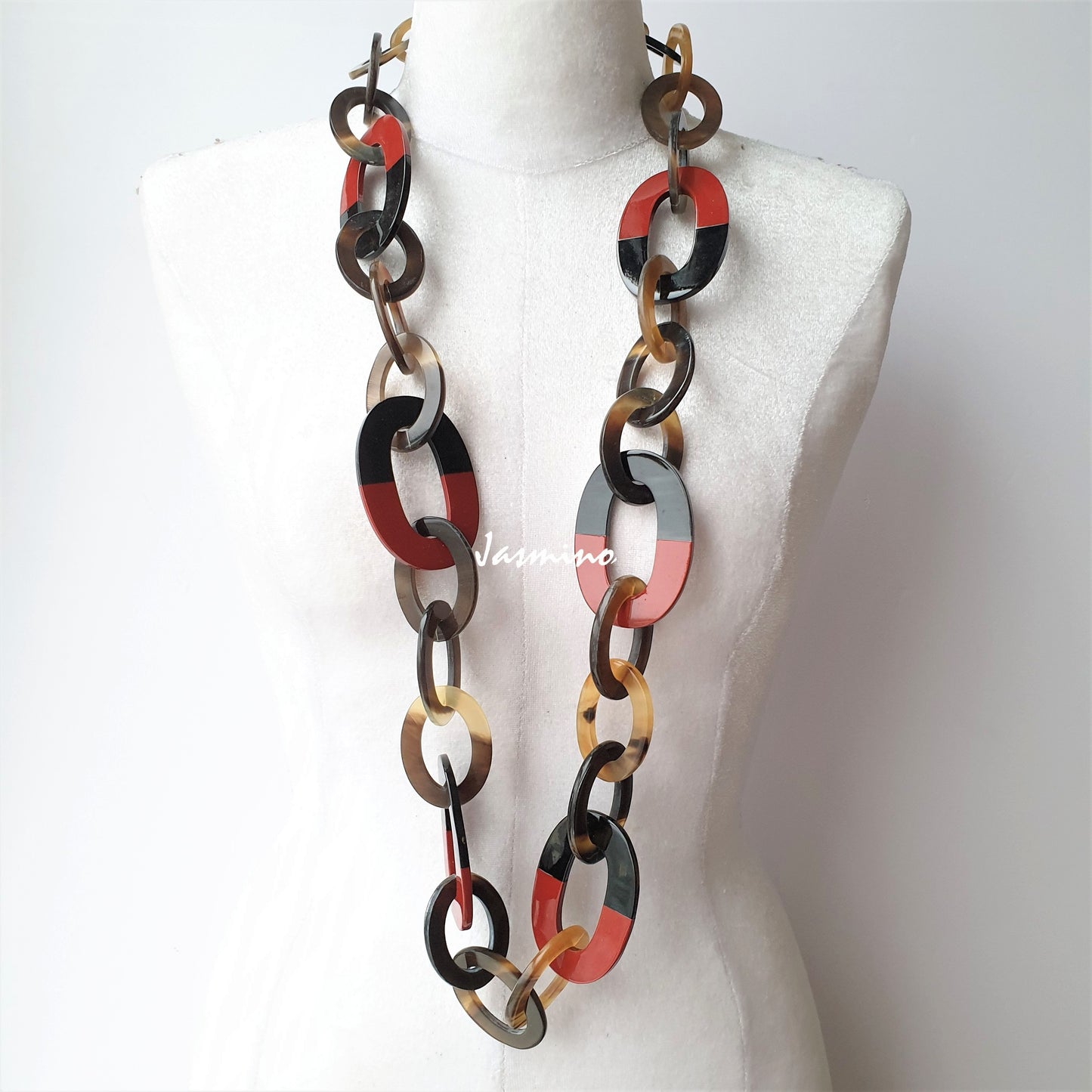 unique handmade Bohemian large chain link necklace accessory features brown and red in natural buffalo horn on Christmas 