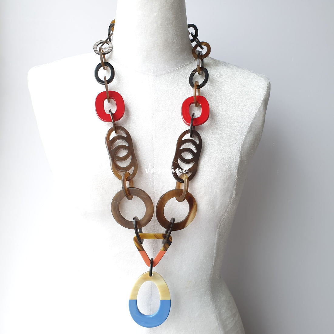 unique handmade Bohemian chain link necklace accessory features blue, brown, and red in natural buffalo horn on Christmas 