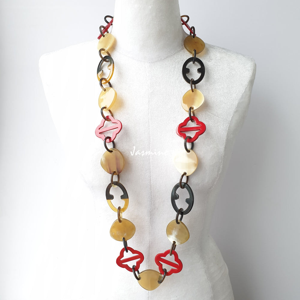 Natural horn necklace has some flame scarlet pieces, a unique gift for her