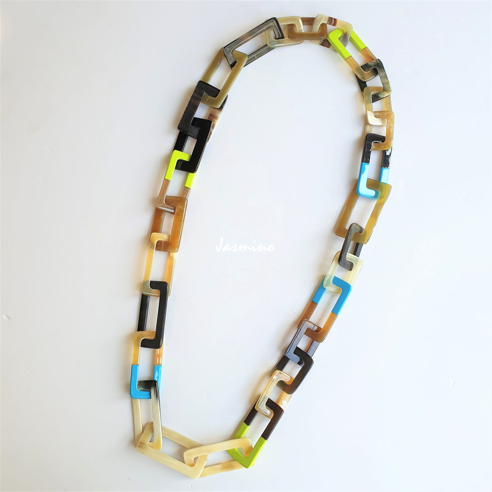 
                  
                    Colorful necklace has rectangular links with half natural buffalo horn and half trendy lacquer, unique gift for her
                  
                