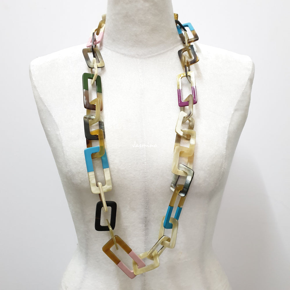 
                  
                    Colorful necklace has rectangular links with half natural buffalo horn and half trendy lacquer, unique gift for her
                  
                