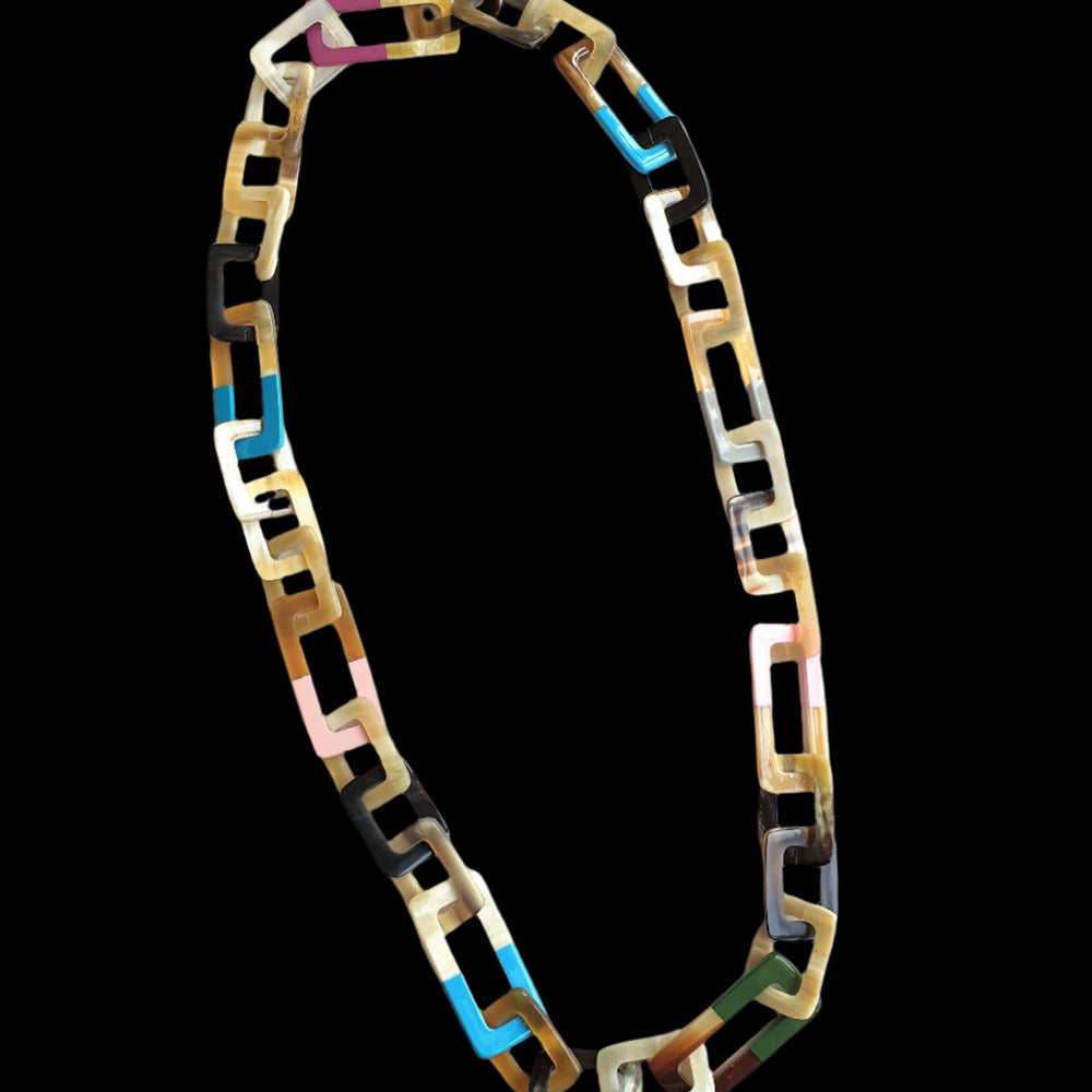 
                  
                    Colorful necklace has rectangular links with half natural buffalo horn and half trendy lacquer, unique gift for her
                  
                