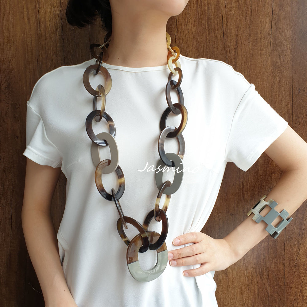 
                  
                    unique handmade Bohemian Vintage large chain link necklace and cuff bracelet accessory feature brown and grey in natural buffalo horn for women's gifts
                  
                