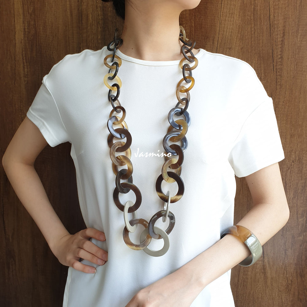 
                  
                    unique handmade Bohemian large chain link necklace accessory features a dark colour in natural buffalo horn 
                  
                