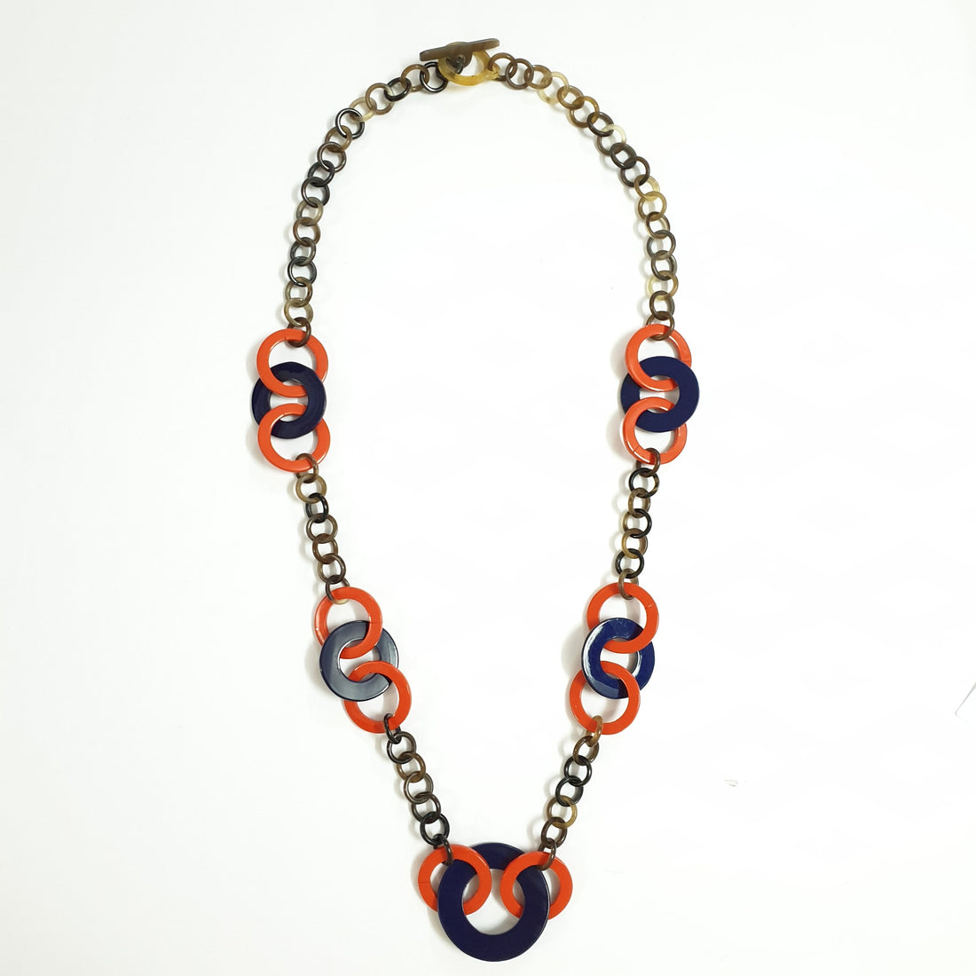 Jasmino unique handmade Bohemian chain link necklace features blue and orange in natural buffalo horn for women