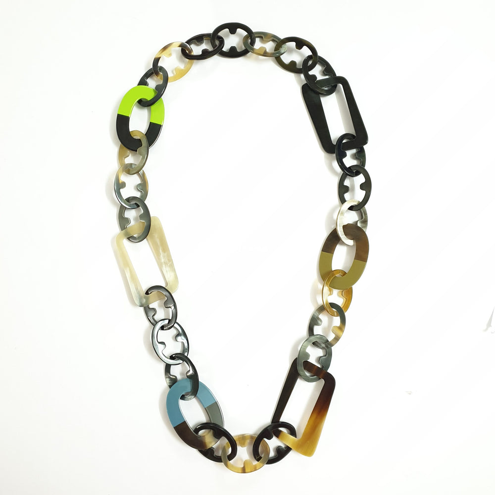 
                  
                    unique handmade Bohemian long chain link necklace features black and brown in natural buffalo horn 
                  
                