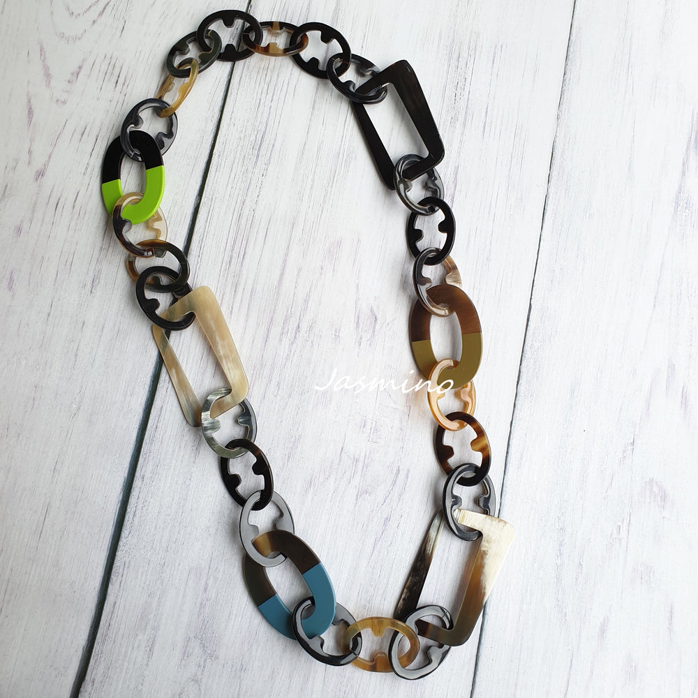 
                  
                    unique handmade Bohemian long chain link necklace features black and brown in natural buffalo horn 
                  
                